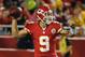 Aug 24, 2012; Kansas City, MO, USA; Kansas City Chiefs quarterback Brady Quinn (9) throws a pass against the Seattle Seahawks in the second half at Arrowhead Stadium. Seattle won the game 44-14. Mandatory Credit: John Rieger-US PRESSWIRE