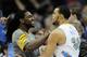 March 21, 2012; Denver, CO, USA; Denver Nuggets center JaVale McGee (34) is congratulated by forward Kenneth Faried (35) following the win over the Detroit Pistons at the Pepsi Center. The Nuggets defeated the Pistons, 116-115. Mandatory Credit: Ron Chenoy-US PRESSWIRE