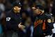 Orioles manager Buck Showalter discusses the decision to uphold a foul ball call with home plate umpire Mike Everitt (who is wearing a bandage after being struck in the right ear by an earlier foul ball).