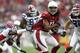 GLENDALE, AZ - OCTOBER 05: Wide Receiver Larry Fitzgerald #11 of the Arizona Cardinals runs with the ball after a reception against the Buffalo Bills during tthe first half of their NFL Game on October 5, 2008 at Stadium in Glendale, Arizona. (Photo By: Donald Miralle/Getty Images)