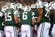 EAST RUTHERFORD, NJ - OCTOBER 08: (L-R) Shonn Greene #23, Tim Tebow #15 , Mark Sanchez #6 snd Austin Howard #77 of the New York Jets stand in the offensive huddle against the Houston Texans at MetLife Stadium on October 8, 2012 in East Rutherford, New Jersey. (Photo by Elsa/Getty Images)