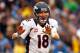 FOXBORO, MA - OCTOBER 7: Peyton Manning #18 of the Denver Broncos gestures during a game against the New England Patriots at Gillette Stadium on October 7, 2012 in Foxboro, Massachusetts. (Photo by Jim Rogash/Getty Images)