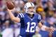 INDIANAPOLIS, IN - OCTOBER 07: Andrew Luck #12 of the Indianapolis Colts throws a pass during the NFL game against the Green Bay Packers at Lucas Oil Stadium on October 7, 2012 in Indianapolis, Indiana. (Photo by Andy Lyons/Getty Images)