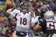 FOXBORO, MA - OCTOBER 7: Peyton Manning #18 of the Denver Broncos prepares to throw against the New England Patriots at Gillette Stadium on October 7, 2012 in Foxboro, Massachusetts. (Photo by Jim Rogash/Getty Images)