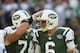 EAST RUTHERFORD, NJ - OCTOBER 14: Nick Mangold #74 of the New York Jets congratulates teammate Mark Sanchez #6 after a touchdown against the Indianapolis Colts at MetLife Stadium on October 14, 2012 in East Rutherford, New Jersey. (Photo by Nick Laham/Getty Images)