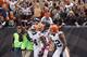 CLEVELAND, OH - OCTOBER 14: Defensive back Sheldon Brown #24 of the Cleveland Browns celebrates with defensive back Usama Young #28 and linebacker D'Qwell Jackson #52 after scoring a touchdown against the Cincinnati Bengals at Cleveland Browns Stadium on October 14, 2012 in Cleveland, Ohio. (Photo by Matt Sullivan/Getty Images)