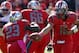 Oct 13, 2012; Piscataway, NJ, USA; Rutgers Scarlet Knights quarterback Gary Nova (15) hands the ball to running back Jawan Jamison (23) during the game against the Syracuse Orange at Highpoint Solution Stadium. Mandatory Credit: Noah K. Murray/THE STAR-LEDGER via US PRESSWIRE