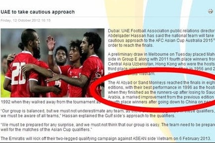 Asian Football Confederation apologize for calling team 'Sand Monkeys'