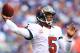 EAST RUTHERFORD, NJ - SEPTEMBER 16: Josh Freeman #5 of the Tampa Bay Buccaneers passes the ball in the first quarter against the New York Giants on September 16, 2012 at MetLife Stadium in East Rutherford, New Jersey. (Photo by Elsa/Getty Images)
