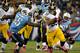 NASHVILLE, TN - OCTOBER 11: Zach Brown #55 of the Tennessee Titans misses tackling Isaac Redman #33 of the Pittsburgh Steelers at LP Field on October 11, 2012 in Nashville, Tennessee. (Photo by Frederick Breedon/Getty Images)