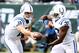 Oct 14, 2012; East Rutherford, NJ, USA; Indianapolis Colts quarterback Andrew Luck (12) hands the ball off to running back Vick Ballard (33) before the game against the New York Jets at MetLife Stadium. Mandatory Credit: Debby Wong-US PRESSWIRE