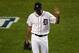 DETROIT, MI - OCTOBER 16: Justin Verlander #35 of the Detroit Tigers gestures as he walks back to the dugout after he was taken out of the game in the ninth inning against the New York Yankees during game three of the American League Championship Series at Comerica Park on October 16, 2012 in Detroit, Michigan. (Photo by Leon Halip/Getty Images)