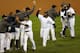 DETROIT, MI - OCTOBER 16: Prince Fielder #28 of the Detroit Tigers celebrates with teammates after they won 2-1 against the New York Yankees during game three of the American League Championship Series at Comerica Park on October 16, 2012 in Detroit, Michigan. (Photo by Leon Halip/Getty Images)