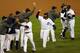 DETROIT, MI - OCTOBER 16: Prince Fielder #28 of the Detroit Tigers celebrates with teammates after they won 2-1 against the New York Yankees during game three of the American League Championship Series at Comerica Park on October 16, 2012 in Detroit, Michigan. (Photo by Leon Halip/Getty Images)