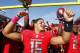 PISCATAWAY, NJ - OCTOBER 13: Quarterback Gary Nova #15 of the Rutgers Scarlet Knights celebrates their 23-15 win over the Syracuse Orange at High Point Solutions Stadium on October 13, 2012 in Piscataway, New Jersey. (Photo by Rich Schultz/Getty Images)