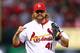 ST LOUIS, MO - OCTOBER 17: Mitchell Boggs #41 of the St. Louis Cardinals celebrates after striking out Brandon Belt #9 of the San Francisco Giants in the seventh inning in Game Three of the National League Championship Series at Busch Stadium on October 17, 2012 in St Louis, Missouri. (Photo by Dilip Vishwanat/Getty Images)