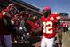 KANSAS CITY, MO - OCTOBER 07: Dwayne Bowe #82 and Jerrell Powe #95 of the Kansas City Chiefs prepare to take the field against the Baltimore Ravens on October 07, 2012 at Arrowhead Stadium in Kansas City, Missouri. (Photo by Kyle Rivas/Getty Images)