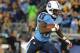 NASHVILLE, TN - OCTOBER 11: Running back Chris Johnson #28 of the Tennessee Titans rushes upfield against the Pittsburgh Steelers in a Thursday Night Football game October 11, 2012 at LP Field in Nashville, Tennessee. (Photo by Al Messerschmidt/Getty Images)