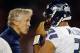 SAN FRANCISCO, CA - OCTOBER 18: Head coach Pete Carroll talks with quarterback Russell Wilson #3 of the Seattle Seahawks after calling a time out against the San Francisco 49ers in the fourth quarter on October 18, 2012 at Candlestick Park in San Francisco, California. (Photo by Brian Bahr/Getty Images)