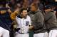DETROIT, MI - OCTOBER 18: Phil Coke #40 (C) and Delmon Young #21 (2nd R) of the Detroit Tigers celebrate on the field after they won 8-1 against the New York Yankees during game four of the American League Championship Series at Comerica Park on October 18, 2012 in Detroit, Michigan. (Photo by Leon Halip/Getty Images)