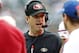 EAST RUTHERFORD, NJ - SEPTEMBER 30: Head coach Jim Harbaugh of the San Francisco 49ers works the sidelines during a game against the New York Jets at MetLife Stadium on September 30, 2012 in East Rutherford, New Jersey. (Photo by Jeff Zelevansky/Getty Images)