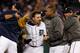 DETROIT, MI - OCTOBER 18: Phil Coke #40 (C) and Delmon Young #21 (2nd R) of the Detroit Tigers celebrate on the field after they won 8-1 against the New York Yankees during game four of the American League Championship Series at Comerica Park on October 18, 2012 in Detroit, Michigan. (Photo by Leon Halip/Getty Images)