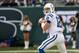 Oct 14, 2012; East Rutherford, NJ, USA; Indianapolis Colts quarterback Andrew Luck (12) looks to pass the ball against the New York Jets during the second half at MetLife Stadium. Jets won 35-9. Mandatory Credit: Debby Wong-US PRESSWIRE