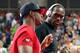 LONDON, ENGLAND - AUGUST 08: LeBron James of the United States looks over at teammate Chris Paul before the United States takes on Australia during the Men's Basketball quaterfinal game on Day 12 of the London 2012 Olympic Games at North Greenwich Arena on August 8, 2012 in London, England. (Photo by Christian Petersen/Getty Images)