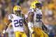 BATON ROUGE, LA - OCTOBER 13: Sam Montgomery #99 of the LSU Tigers celebrates after making a sack on Connor Shaw #14 of the South Carolina Gamecocks in the fourth quarter at Tiger Stadium on October 13, 2012 in Baton Rouge, Louisiana. (Photo by Ronald Martinez/Getty Images)