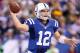 INDIANAPOLIS, IN - OCTOBER 07: Andrew Luck #12 of the Indianapolis Colts throws a pass during the NFL game against the Green Bay Packers at Lucas Oil Stadium on October 7, 2012 in Indianapolis, Indiana. (Photo by Andy Lyons/Getty Images)