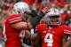 COLUMBUS, OH - OCTOBER 20: Nathan Williams #43 congratulates C.J. Barnett #4, both of the Ohio State Buckeyes, after intercepting a pass in the end zone during the second quarter against the Purdue Boilermakers on October 20, 2012 at Ohio Stadium in Columbus, Ohio. (Photo by Kirk Irwin/Getty Images)