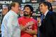 LAS VEGAS, NV - JUNE 08: Boxer Manny Pacquiao (C) and boxing promoter Bob Arum are interviewed during the official weigh-in at the MGM Grand Garden Arena on June 8, 2012 in Las Vegas, Nevada. Pacquiao will defend his WBO welterweight title against Timothy Bradley on June 9 in Las Vegas. (Photo by Kevork Djansezian/Getty Images)