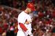 ST LOUIS, MO - OCTOBER 19: Matt Holliday #7 of the St. Louis Cardinals reacts after striking out in the third inning against the San Francisco Giants in Game Five of the National League Championship Series at Busch Stadium on October 19, 2012 in St Louis, Missouri. (Photo by Dilip Vishwanat/Getty Images)