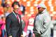 October 07, 2012; Kansas City, MO, USA; Kansas City Chiefs general manager Scott Pioli talks with head coach Romeo Crennel before the game against the Baltimore Ravens at Arrowhead Stadium. Mandatory Credit: Denny Medley-US PRESSWIRE