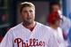 PHILADELPHIA, PA - SEPTEMBER 25: Darin Ruf #18 of the Philadelphia Phillies walks through dugout after hitting his first major league home run during the game against the Washington Nationals at Citizens Bank Park on September 25, 2012 in Philadelphia, Pennsylvania. (Photo by Drew Hallowell/Getty Images)