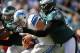 PHILADELPHIA, PA - OCTOBER 14: Quarterback Matthew Stafford #9 of the Detroit Lions is sacked by Fletcher Cox #91 of the Philadelphia Eagles during the first half in a game at Lincoln Financial Field on October 14, 2012 in Philadelphia, Pennsylvania. The Lions defeated the Eagles 26-23. (Photo by Rich Schultz /Getty Images)