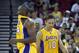 Oct 7, 2012; Fresno, CA, USA; Los Angeles Lakers guard Steve Nash (10) walks past guard Kobe Bryant (24) during a break in the action against the Golden State Warriors in the second quarter at the Save Mart Center. The Warriors defeated the Lakers 110-83. Mandatory Credit: Cary Edmondson-US PRESSWIRE