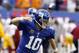 Oct 21, 2012; East Rutherford, NJ, USA; New York Giants quarterback Eli Manning (10) reacts to the winning touchdown against the Washington Redskins at MetLife Stadium. Mandatory Credit: William Perlman/THE STAR-LEDGER via US PRESSWIRE