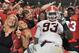 Oct 8, 2011; Knoxville,TN, USA; Georgia Bulldogs defensive end Abry Jones (93) celebrates with fans after defeating the Tennessee Volunteers 20-12 during the second half at Neyland Stadium. Mandatory Credit: Jim Brown-US PRESSWIRE