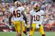 LANDOVER, MD - AUGUST 25: Alfred Morris #46 celebrates with Robert Griffin III #10 of the Washington Redskins after scoring a touchdown against the Indianapolis Colts during a preseason game at FedExField on August 25, 2012 in Landover, Maryland. (Photo by Patrick McDermott/Getty Images)