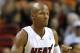 Oct 18, 2012; Miami, FL, USA; Miami Heat shooting guard Ray Allen (34) reacts during the first half against the Detroit Pistons at American Airlines Arena. Mandatory Credit: Steve Mitchell-US PRESSWIRE