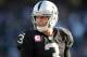 Oct 21, 2012; Oakland, CA, USA; Oakland Raiders quarterback Carson Palmer (3) reacts during the game against the Jacksonville Jaguars at O.co Coliseum. The Raiders defeated the Jaguars in overtime 26-23. Mandatory Credit: Kirby Lee/Image of Sport-US PRESSWIRE