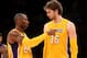 LOS ANGELES, CA - OCTOBER 21: Kobe Bryant #24 and Pau Gasol #16 of the Los Angeles Lakers confer during the game with the Sacramento Kings at Staples Center on October 21, 2012 in Los Angeles, California. The Kings won 99-92. NOTE TO USER: User expressly acknowledges and agrees that, by downloading and or using this photograph, User is consenting to the terms and conditions of the Getty Images License Agreement. (Photo by Stephen Dunn/Getty Images)