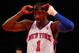 NEW YORK, NY - MAY 06: Amare Stoudemire #1 of the New York Knicks adjusts his glasses against the Miami Heat in Game Four of the Eastern Conference Quarterfinals in the 2012 NBA Playoffs on May 6, 2012 at Madison Square Garden in New York City. NOTE TO USER: User expressly acknowledges and agrees that, by downloading and or using this photograph, User is consenting to the terms and conditions of the Getty Images License Agreement (Photo by Jeff Zelevansky/Getty Images)
