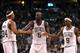 BOSTON, MA - JUNE 03: (L-R) Paul Pierce #34, Kevin Garnett #5 and Rajon Rondo #9 of the Boston Celtics celebrate a play against the Miami Heat in Game Four of the Eastern Conference Finals in the 2012 NBA Playoffs on June 3, 2012 at TD Garden in Boston, Massachusetts. The Celtics won 93-91. NOTE TO USER: User expressly acknowledges and agrees that, by downloading and or using this photograph, User is consenting to the terms and conditions of the Getty Images License Agreement. (Photo by Jim Rogash/Getty Images)