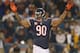 CHICAGO, IL - OCTOBER 22: Julius Peppers #90 of the Chicago Bears encourages the crowd against the Detroit Lions at Soldier Field on October 22, 2012 in Chicago, Illinois. The Bears defeated the Lions 13-7. (Photo by Jonathan Daniel/Getty Images)