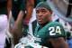 September 29, 2012; East Lansing, MI, USA; Michigan State Spartans running back Le'Veon Bell (24) reacts on the bench during the first quarter of a game at Spartan Stadium against the Ohio State Buckeyes. Mandatory Credit: Mike Carter-US PRESSWIRE