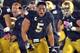 Oct. 13, 2012; South Bend, IN, USA; Notre Dame Fighting Irish linebacker Manti Te'o (5) celebrates after Notre Dame defeated the Stanford Cardinal 20-13 in overtime at Notre Dame Stadium. Mandatory Credit: Matt Cashore-US PRESSWIRE