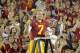 Oct 20, 2012; Los Angeles, CA, USA; Southern California Trojans quarterback Matt Barkley (7) leads the Spirit of Troy marching band to a rendition of Tribute to Troy after the game against the Colorado Buffaloes at the Los Angeles Memorial Coliseum. USC defeated Colorado 50-6. Mandatory Credit: Kirby Lee/Image of Sport-US PRESSWIRE