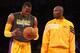 LOS ANGELES, CA - OCTOBER 21: Dwight Howard #12 (L) and Kobe Bryant #24 of the Los Angeles Lakers talks as they warm up to play the Sacramento Kings at Staples Center on October 21, 2012 in Los Angeles, California. NOTE TO USER: User expressly acknowledges and agrees that, by downloading and or using this photograph, User is consenting to the terms and conditions of the Getty Images License Agreement. (Photo by Stephen Dunn/Getty Images)